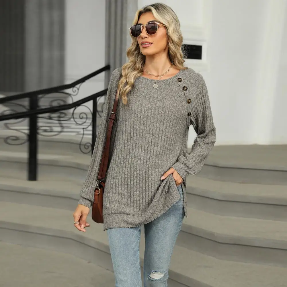 Women Casual T-shirt Stylish Women's Long Sleeve Tee with Button Detail Side Slits Casual Round Neck T-shirt in for Everyday