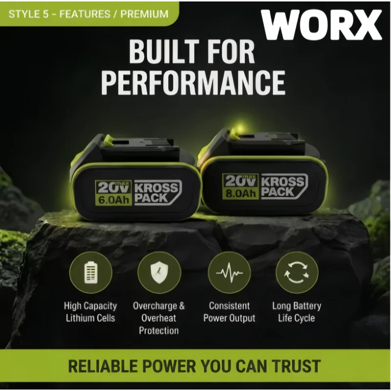 

Genuine Original 8.0Ah 20V Lithium Battery Pack Rechargeable Fit WORX WA3551 WA3553 WA3641 WX373 Full Power Tool Replacement