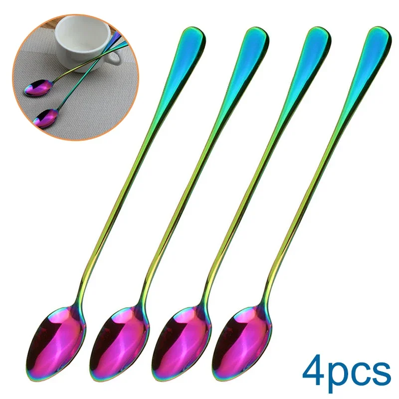 Juego de cucharas de 4 Uds., cubiertos de mango largo de acero inoxidable, vajilla para restaurante