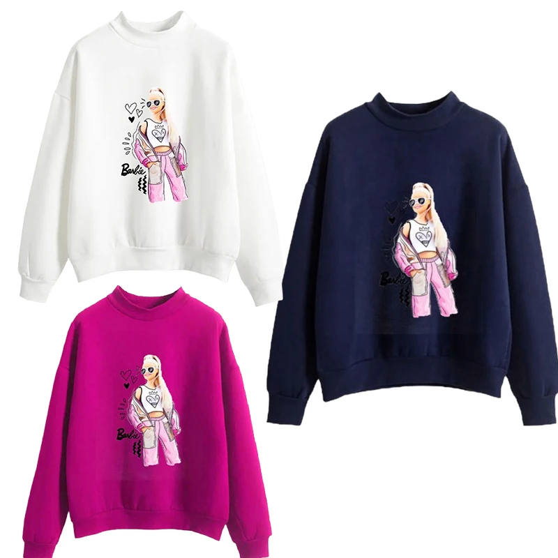 Fashion Ladies Barbie Trendy Long-Sleeved Sweatshirt for Women Kawaii Girls Tops Casual Loose Versatile Hooded Mid-Collar Jacket