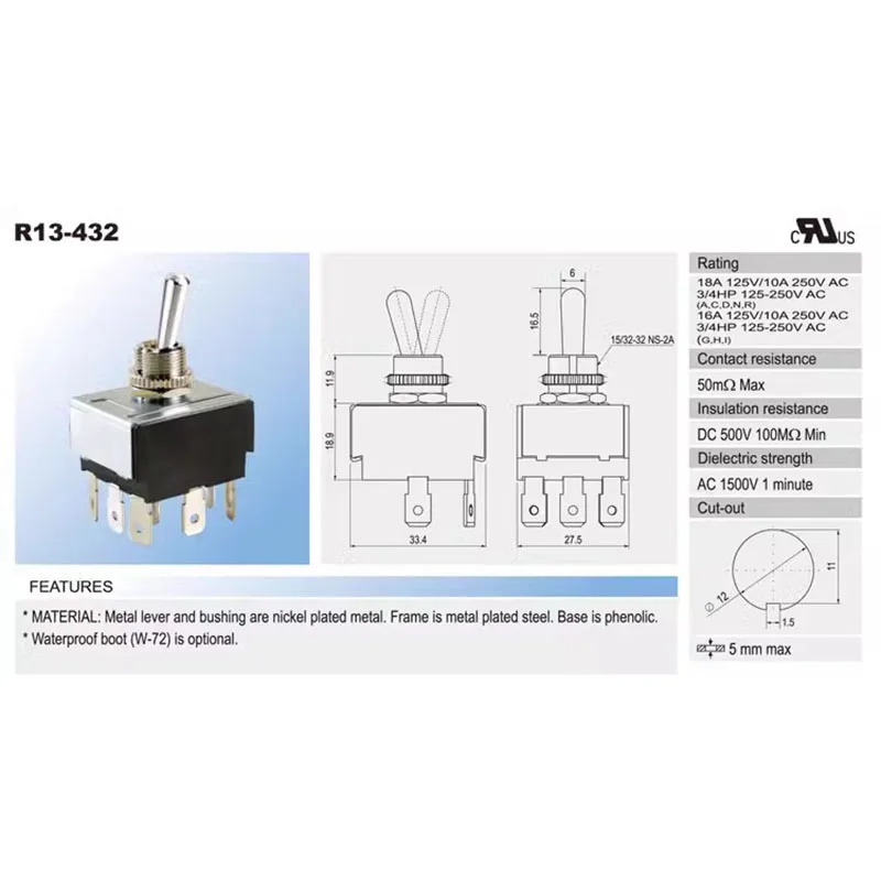 R13-432 تايوان SCI زر جديد الروك التبديل 9 دبوس 3 سرعات مفتاح السيارة 10A250V