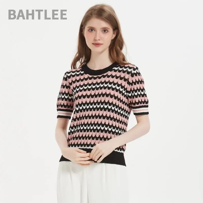 BAHTLEE-Linen Pullover for Women, Short Sleeve, Hollowed Out Design, Stripe O-Neck, Button Knitted Sweaters, Breathable Sweaters