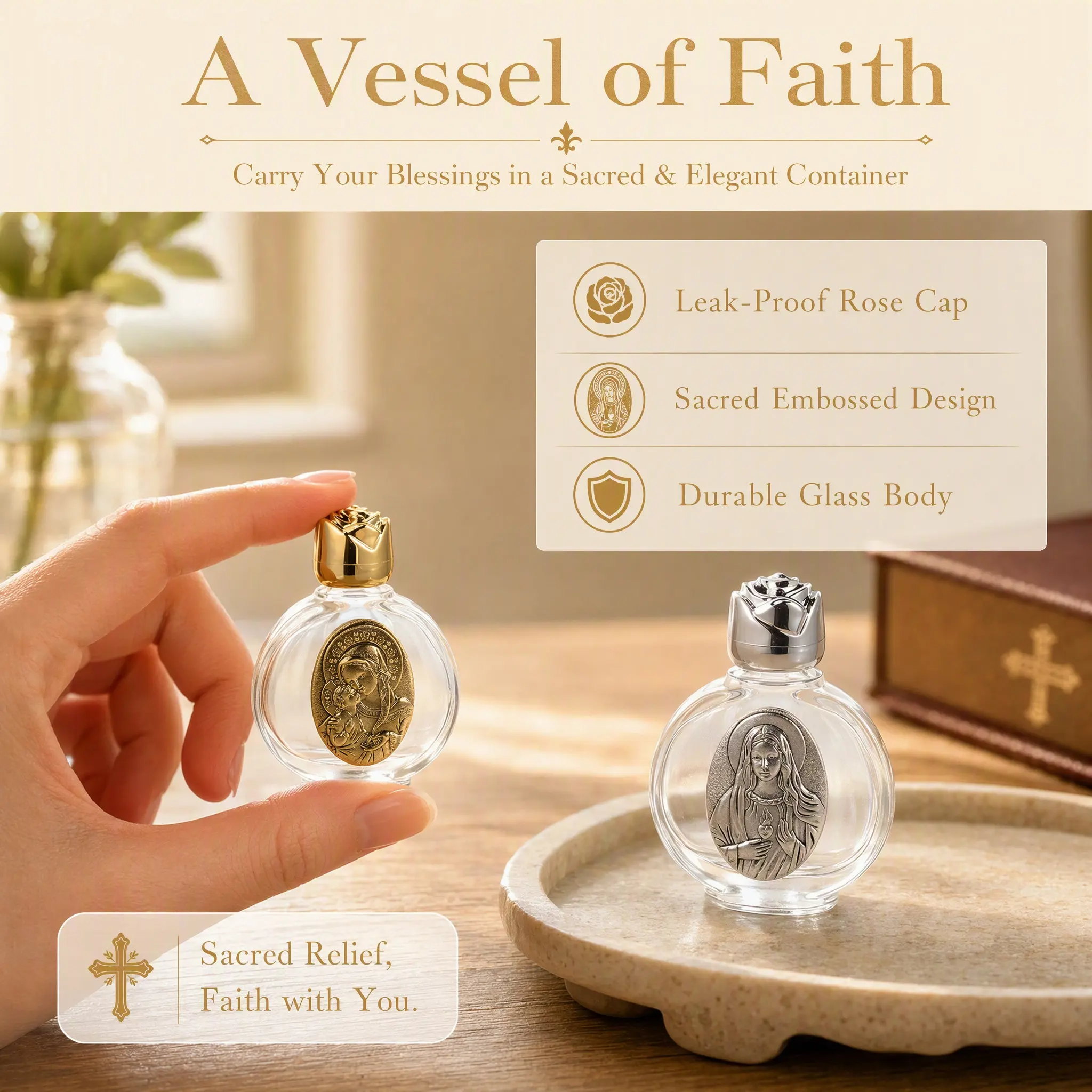 2Pcs Holy Water Bottle Embossed Glass Leakproof Small Mini Portable Decorative Bottles Perfect for Travel Holy Water Bottle