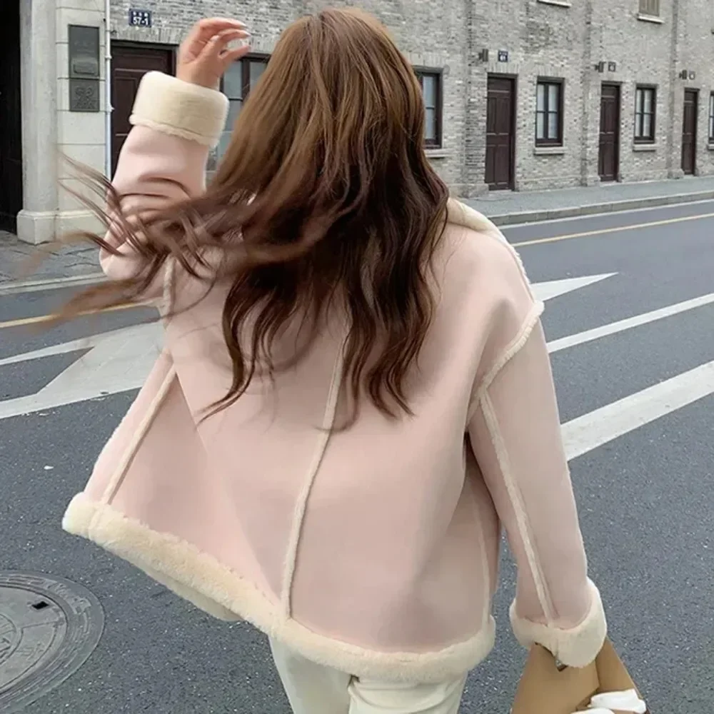 2024 Pink Sherpa Cashmere Jacket Ladies Short Winter Fur Solid Color Loose Stitching Long Sleeve Small Chinese Style Thick New