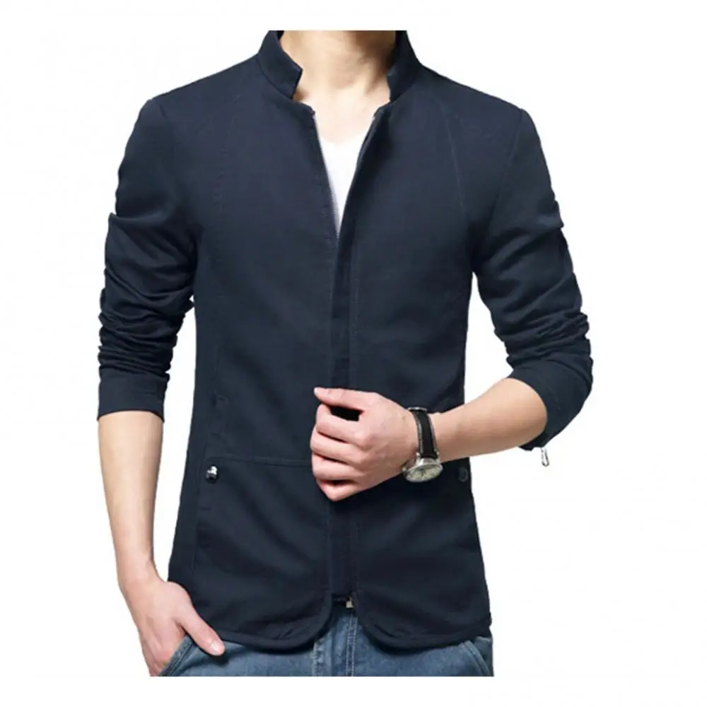 2026 Stand Kraag Mannen Blazer Effen Rits Zakken Dunne Slanke Blazer Jas Casual Business Blazer Jas Mannelijke Pakken Herenkleding