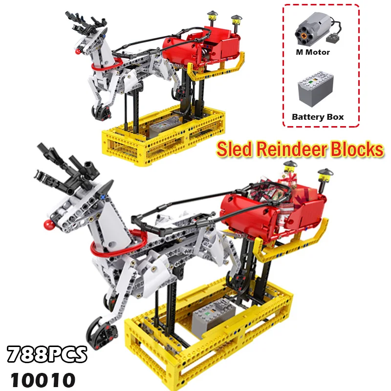 

Рождественская серия 10010, строительный блок MOC с моторным приводом, сделай сам, Санта-Клаус, сани, олень, лось, орнамент, игрушки, модель, кирпичи, подарки