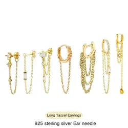 High Quality 925 Sterling Silver Needle Tassel Chains Series Hoop Earrings  for Women Delicacy Long Chain Gold Earrings Jewelry