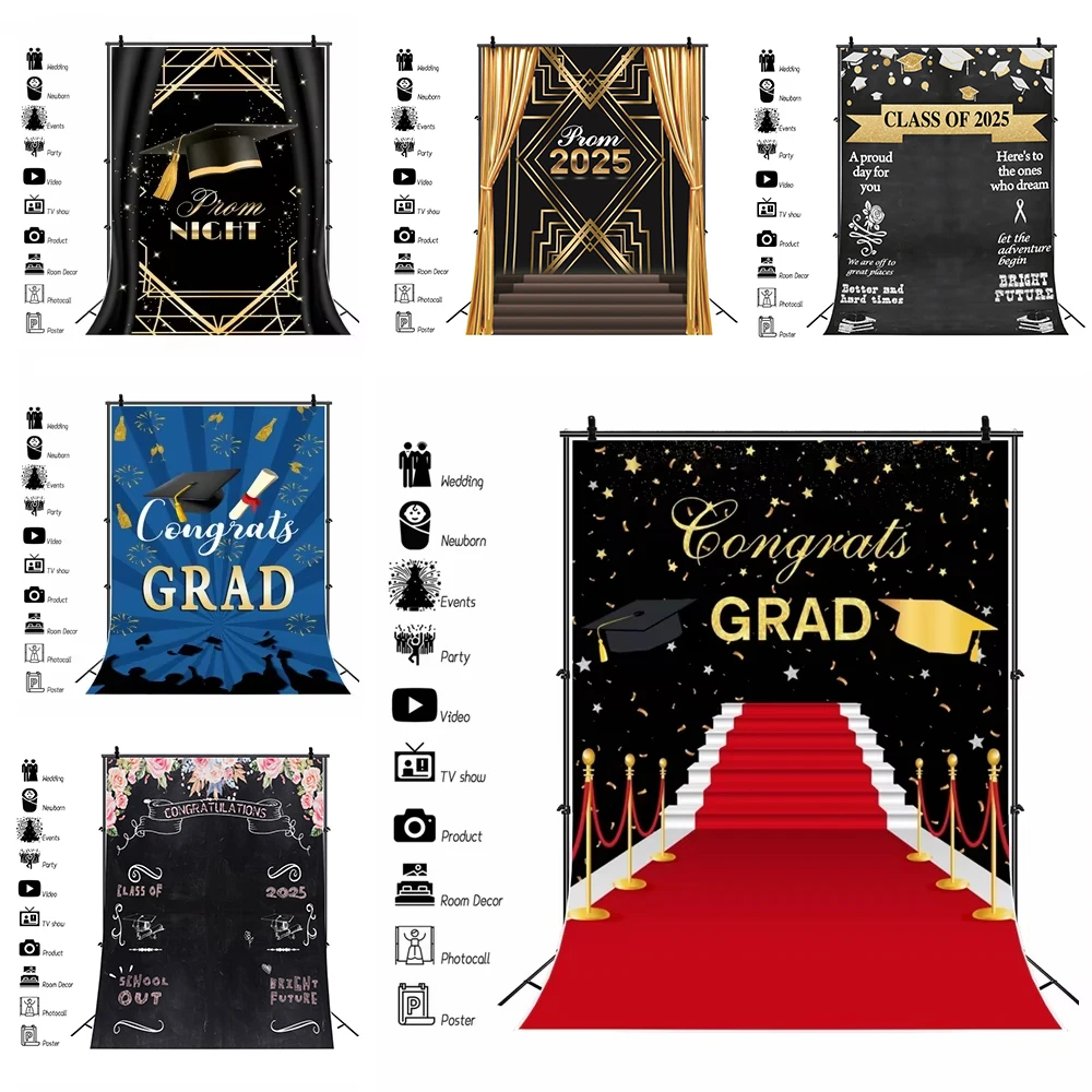 

Graduation Backdrop for Photography Class of 2025 Congratulations Graduates Prom Party Background Glitter Balloon Bachelor Caps