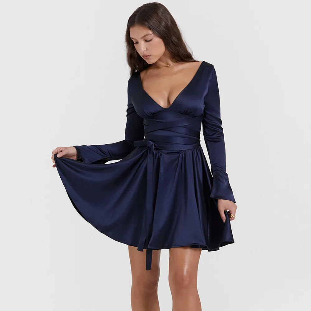 Suninheart Autumn and Winter Long Sleeve Dress Navy Blue Long Belt A Line Mini Dress V Neck Casual Women's Clothing