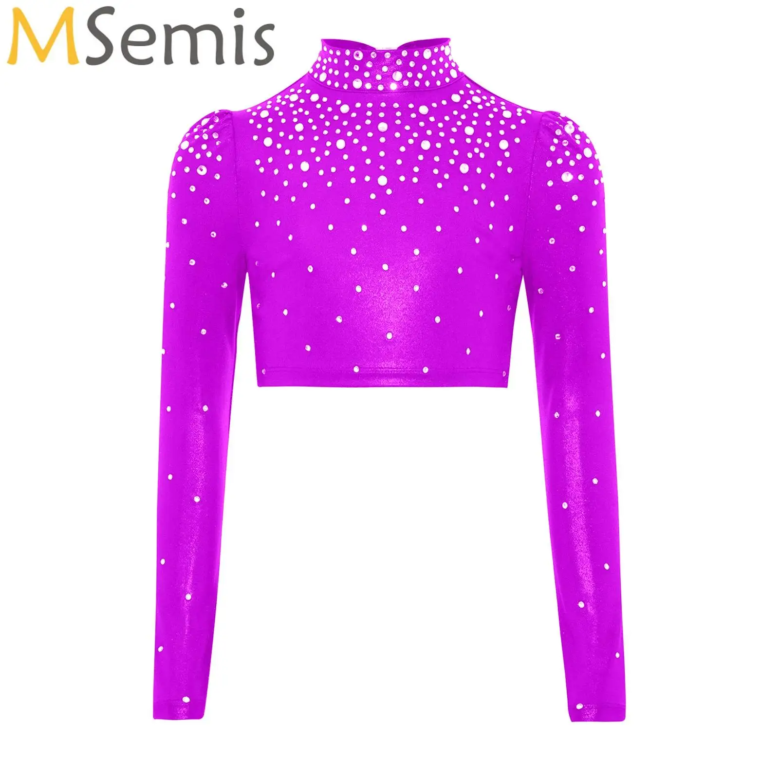 

Kids Girls Sparkly Jazz Latin Dance Tops Modern Ballet Stage Performance Costume Long Sleeve Sport Workout Fitness Yoga Crop Top