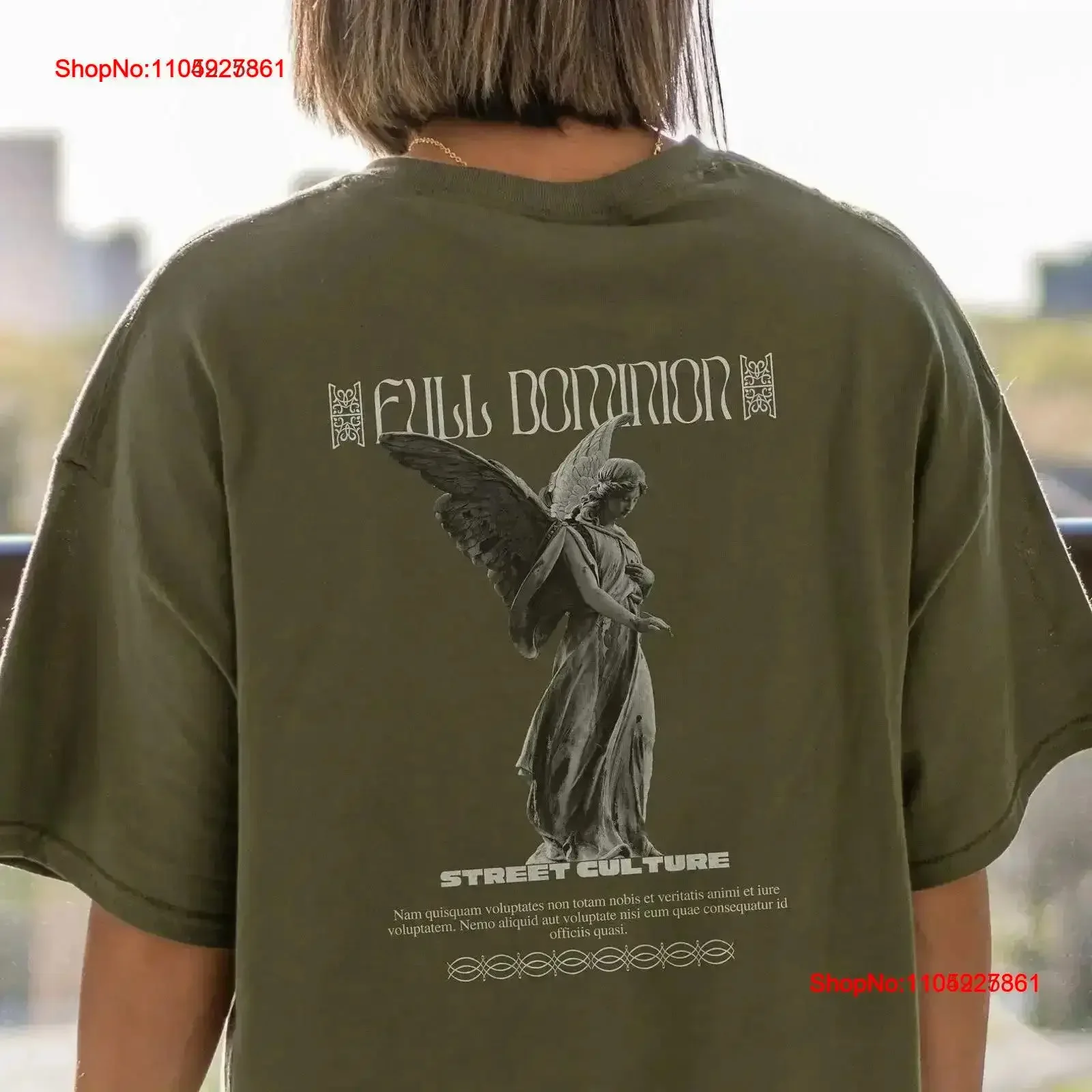 

Full Dominion Angel T Shirt Gothic Streetwear Oversized Urban Y2K Aesthetic Olive Green Top Street Culture Fashion vintage