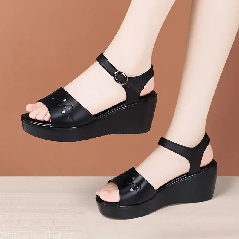 6cm Small Size 32-43 Comfortable Cutout Soft Leather Shoes Platform Sandals 2024 Med Heels Wedges Sandals for Office Mom Beach