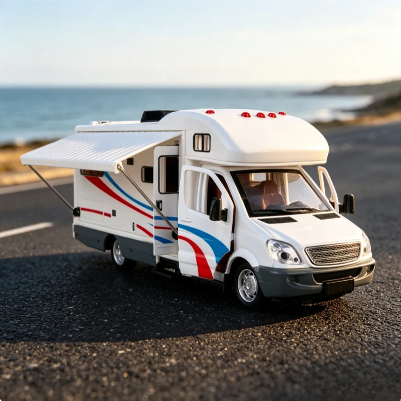 1:32 C RV alloy car model pull back sound and light one-click pop-up real restoration of children's play toys