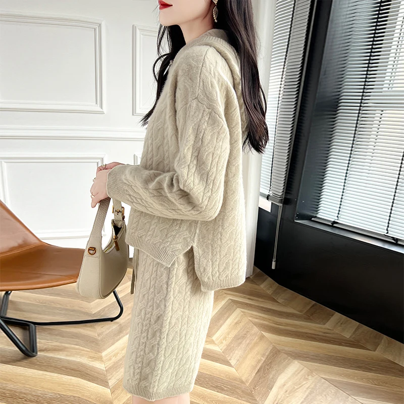 Hot Sale Women Pure Wool Sweaters And Pants 2024 Autumn/Winter Wool Suit 100% Wool Knitted Loose  Leisure Warm Wool Set