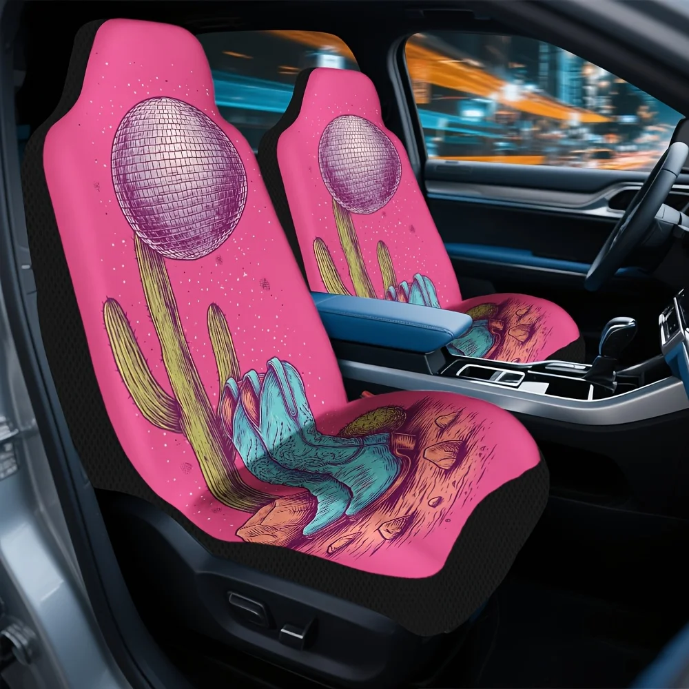Set Of 2, Themed Car Seat Covers Featuring A Western Desert Disco Scene – A Fashionable Complete Set For Two Front Seats, Design