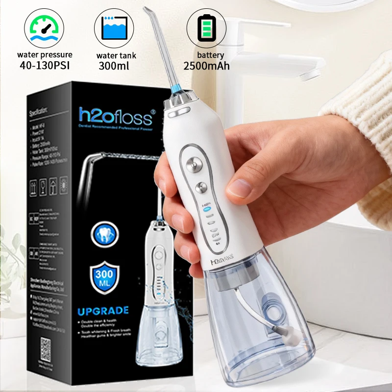 

H2ofloss Water Flosser For Teeth Portable Oral Irrigator Dental Water Jet High Pressure Cleaning Mouth 2500mAH 300ML 5 Modes