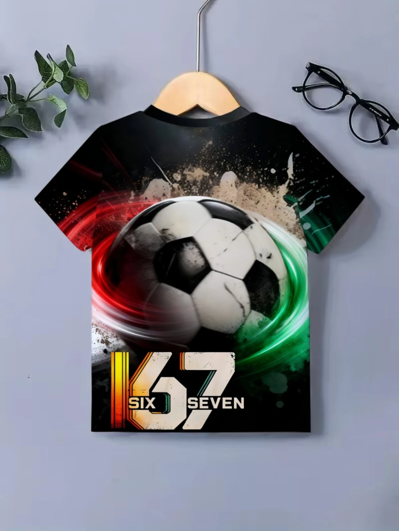 Sport Soccer Ball Kids T‑Shirt, Boys Retro 67 Number Red‑Green Swirl Graphic Short Sleeve Crew Neck Casual Summer Top