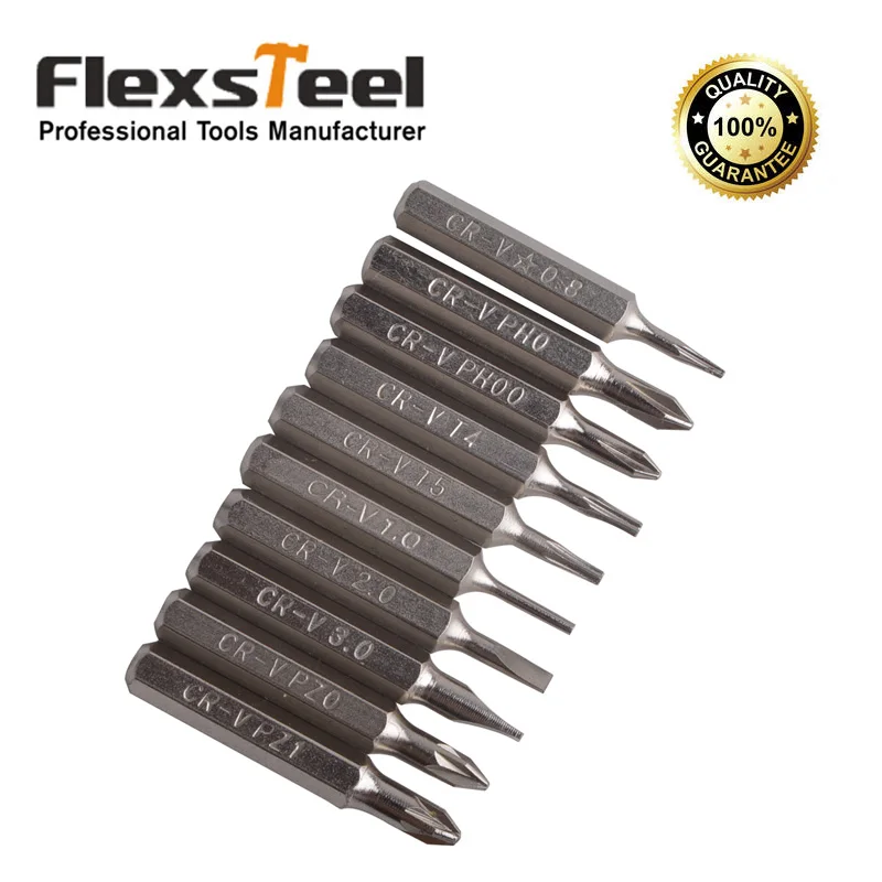 10pcs CR-V Screwdriver Bit Set Including PH0, PH00, T4, T5, PZ0, PZ1, SL2, SL3, Point 1.0, Five-star Screw Bit: 0.8