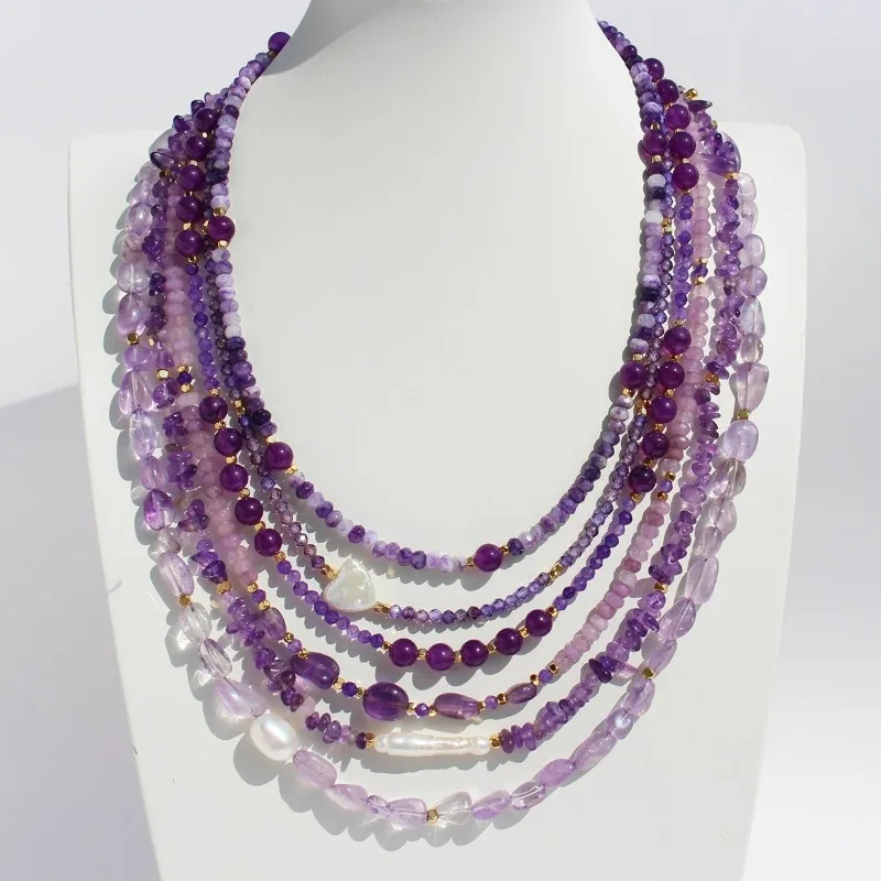 

Noble Purple Natural Stone Beaded Necklace High-end Amethyst Stone Strand Chain Freshwater Pearl Stacked Collarbone Chain Set