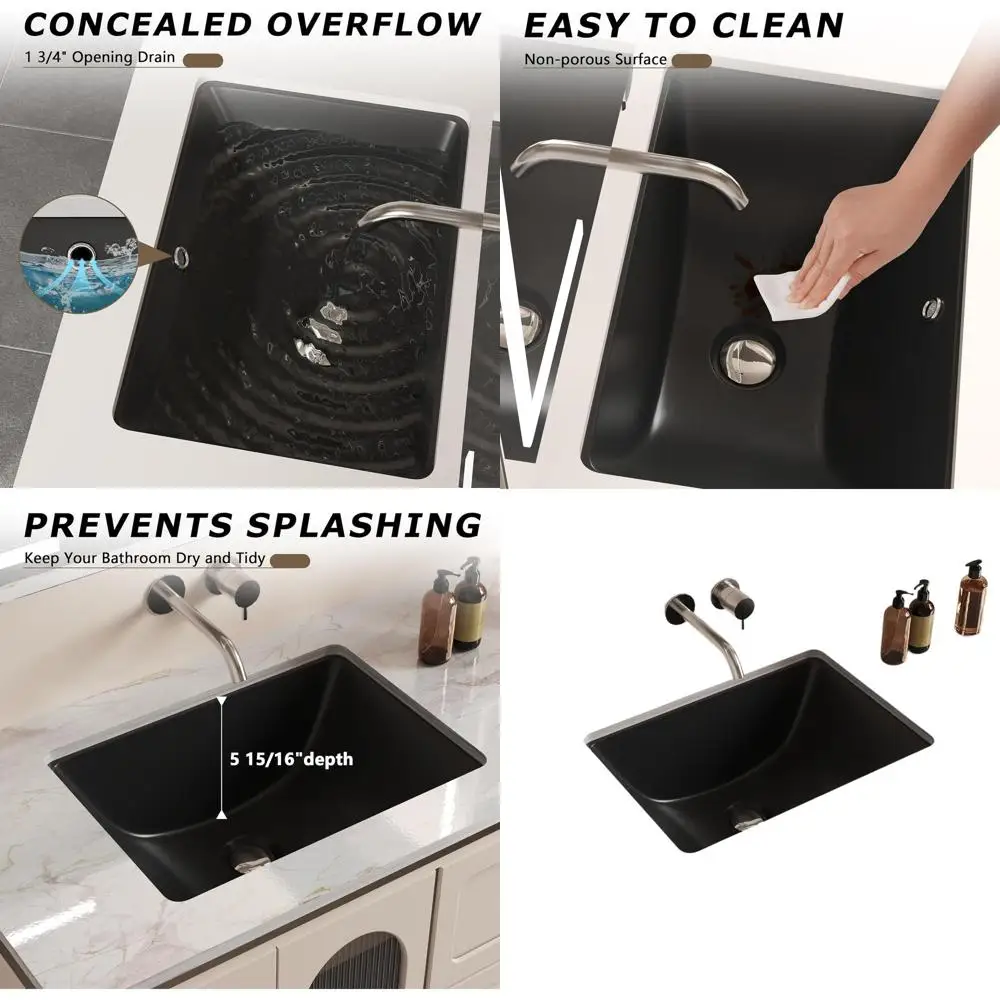18 x 13 Black Ceramic Undermount Bathroom Sink with Overflow and Deep Basin