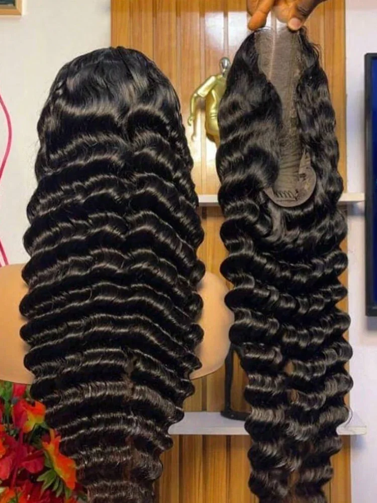 OKVOKV 32 34 Inch 13x4 HD Deep Wave Lace Front Wig 250% Density Wet And Wavy Human Hair Wig Brazilian Virgin Deep Curly Human Hair Wig For Women Glueless Lace Frontal Wigs With Baby Hair Pre Plucked Hairline Natural Color