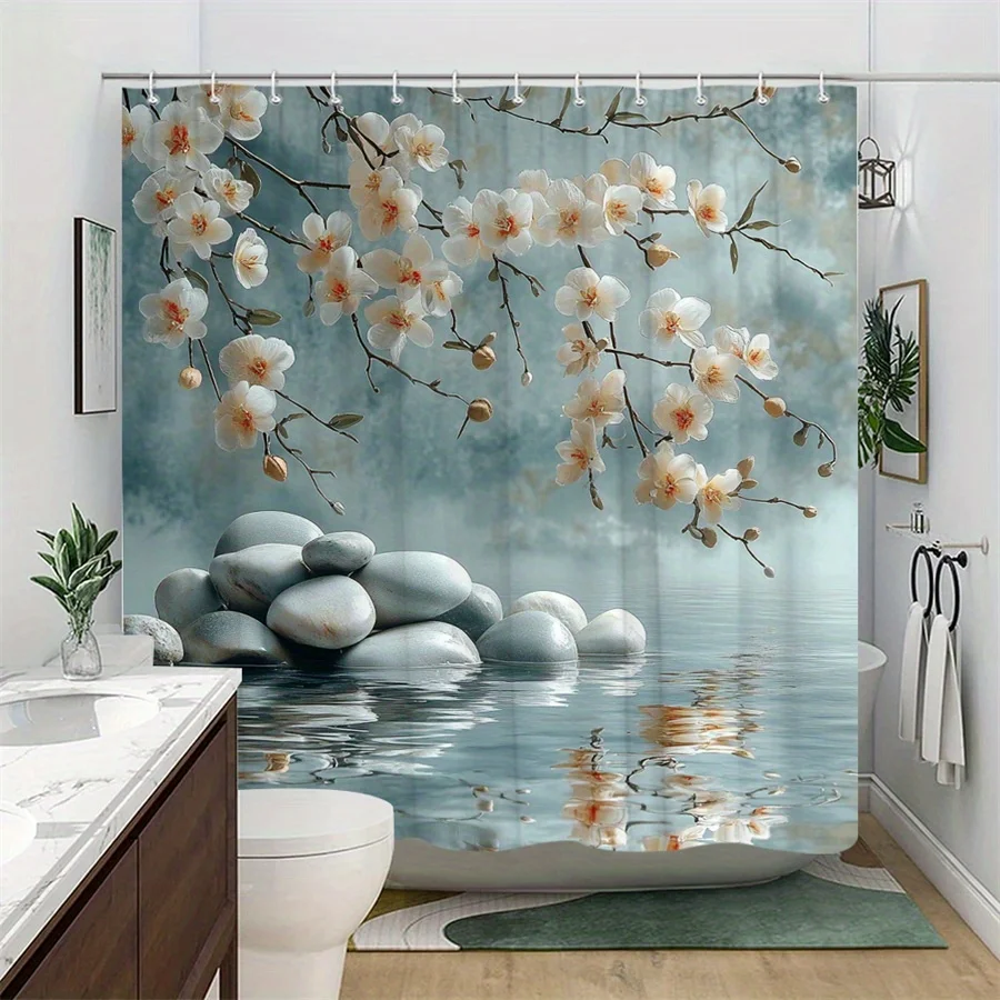 

1 шт. занавеска для душа с орхидеей и камнем — полиэфирная ткань, можно стирать в машине, подходит для декора ванной комнаты