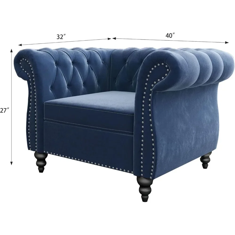 Living Room Chair, Modern Velvet Tufted Accent Sofa Couch Chairs with Scroll Arms and Nailhead, Chesterfield Chair