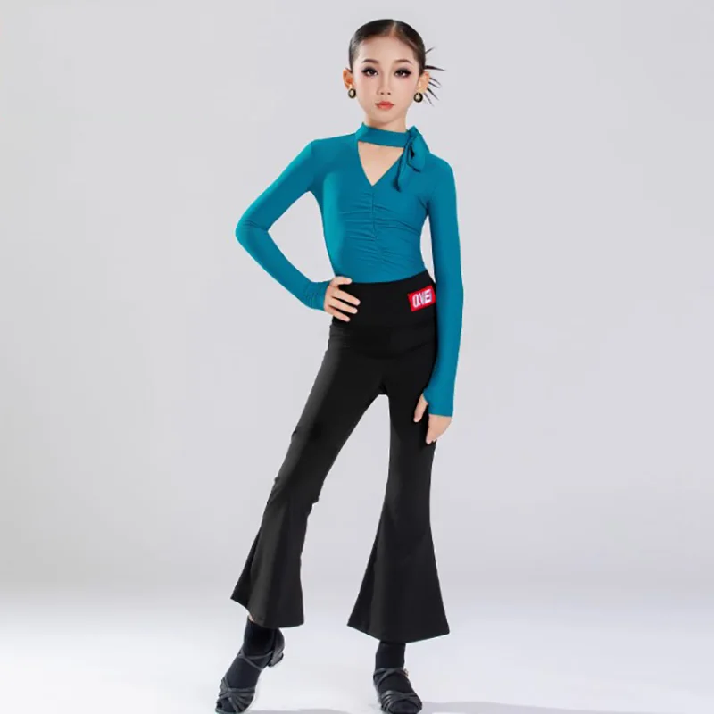 Dames Kinderen Meisjes Latin Danskostuums Lange mouw V-hals Vouwbodysuit en oefenbroek Past Ballroom Rumba Danskleding