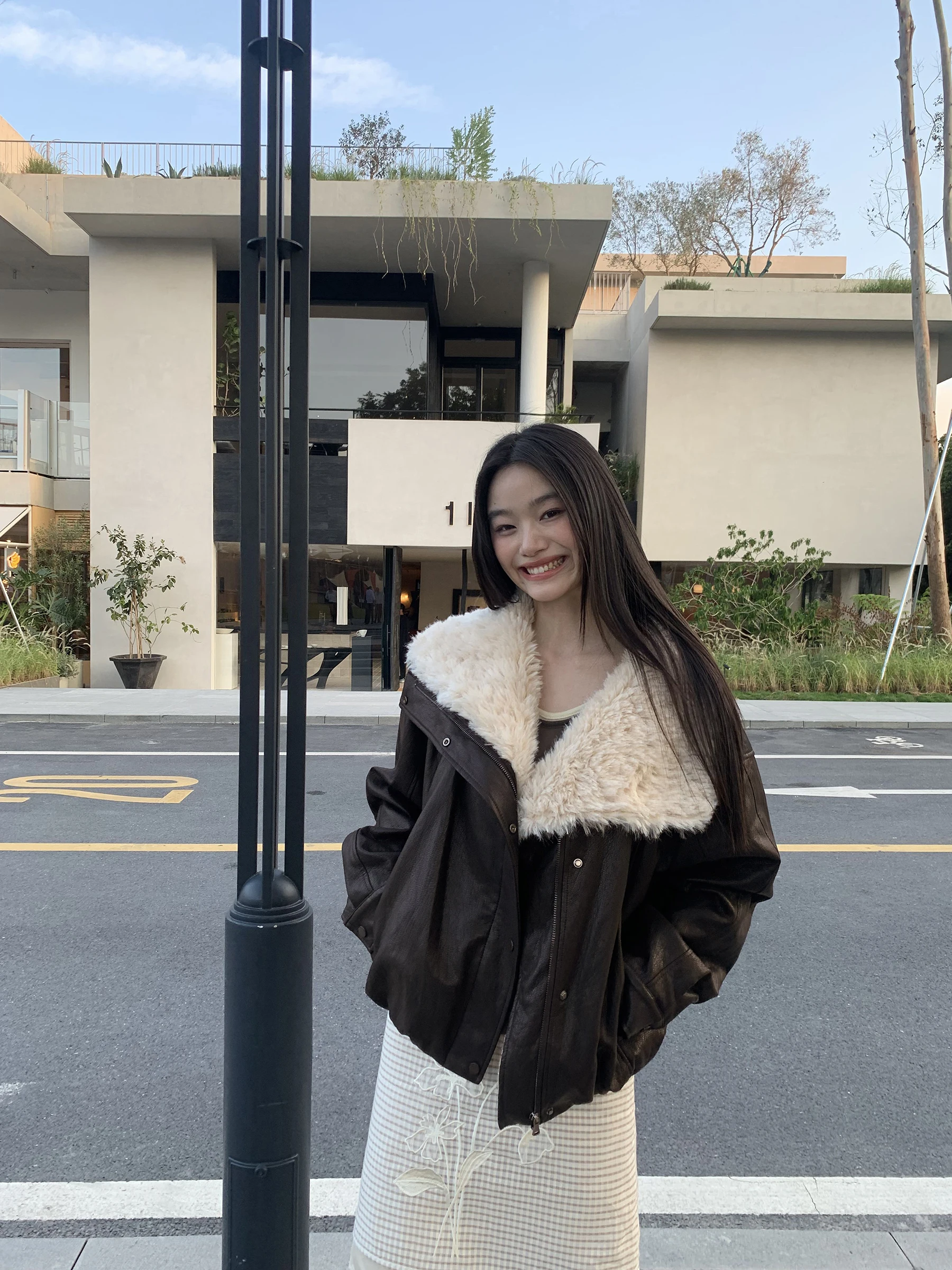 

Bla Lamb Fur Collar Jaet Women's Oversized Inteated Coat Lazy Sle Autumn Winter ort Outerwear Button Closure Slimmi...