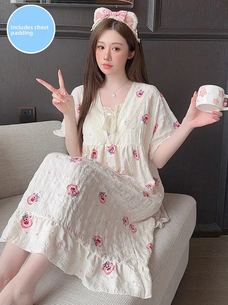 

plus Size Pure Cotton ort Sve Mid-Length Cartoon Bear Stberry Print Spwear Women's Home Clothes Sweet Sle Butter...