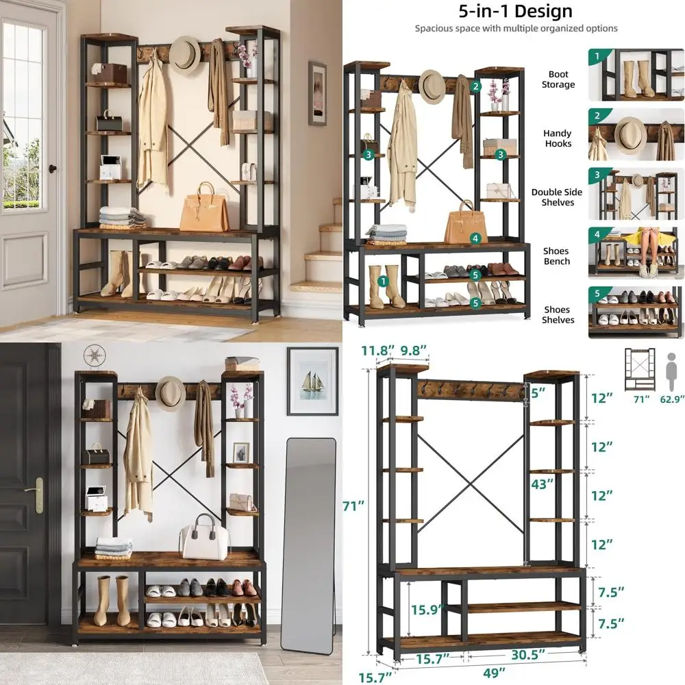 

5-in-1 Multifunctional Coat Rack with Bench and Shoe Storage, Industrial Style Mudroom Furniture for Entryway