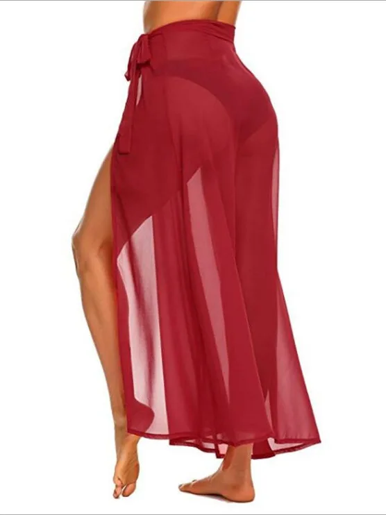 Sexy meados de comprimento praia protetor solar f saia cor pura chiffon com cinto divisão transfronteiriça feminina faion commute sle saia