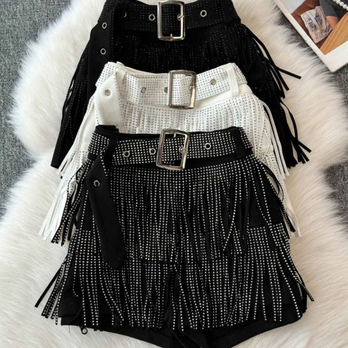 

Женские шорты с кисточками и бриллиантами, черные, новая корейская версия, модные сексуальные модные танцевальные джинсовые брюки со средней талией и поясом, верхняя одежда
