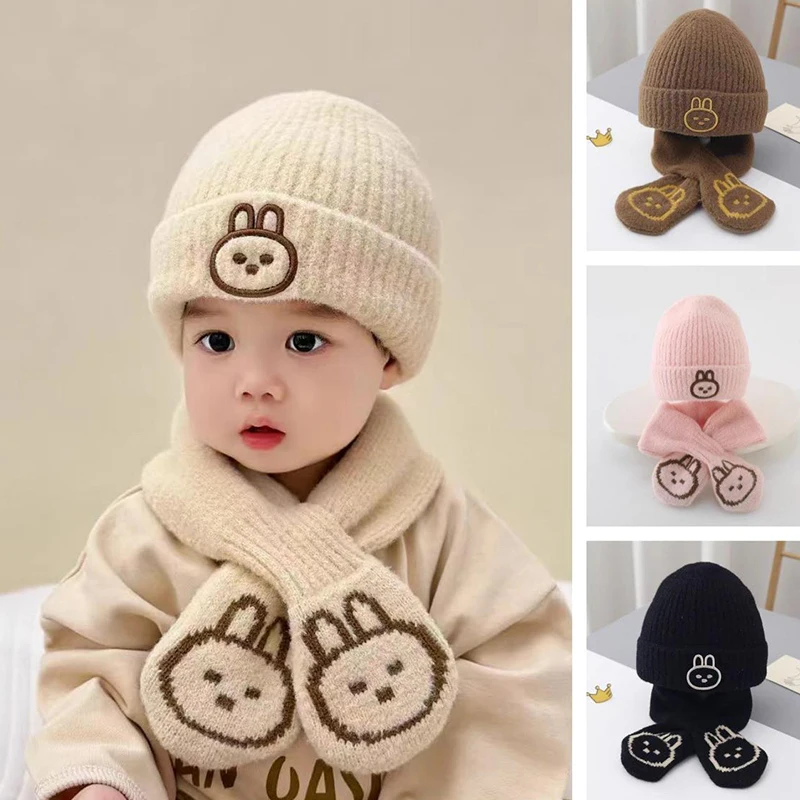 Gorros y bufandas para niños, gorro de conejito de estilo coreano, conjunto de dos piezas, moda, Otoño e Invierno