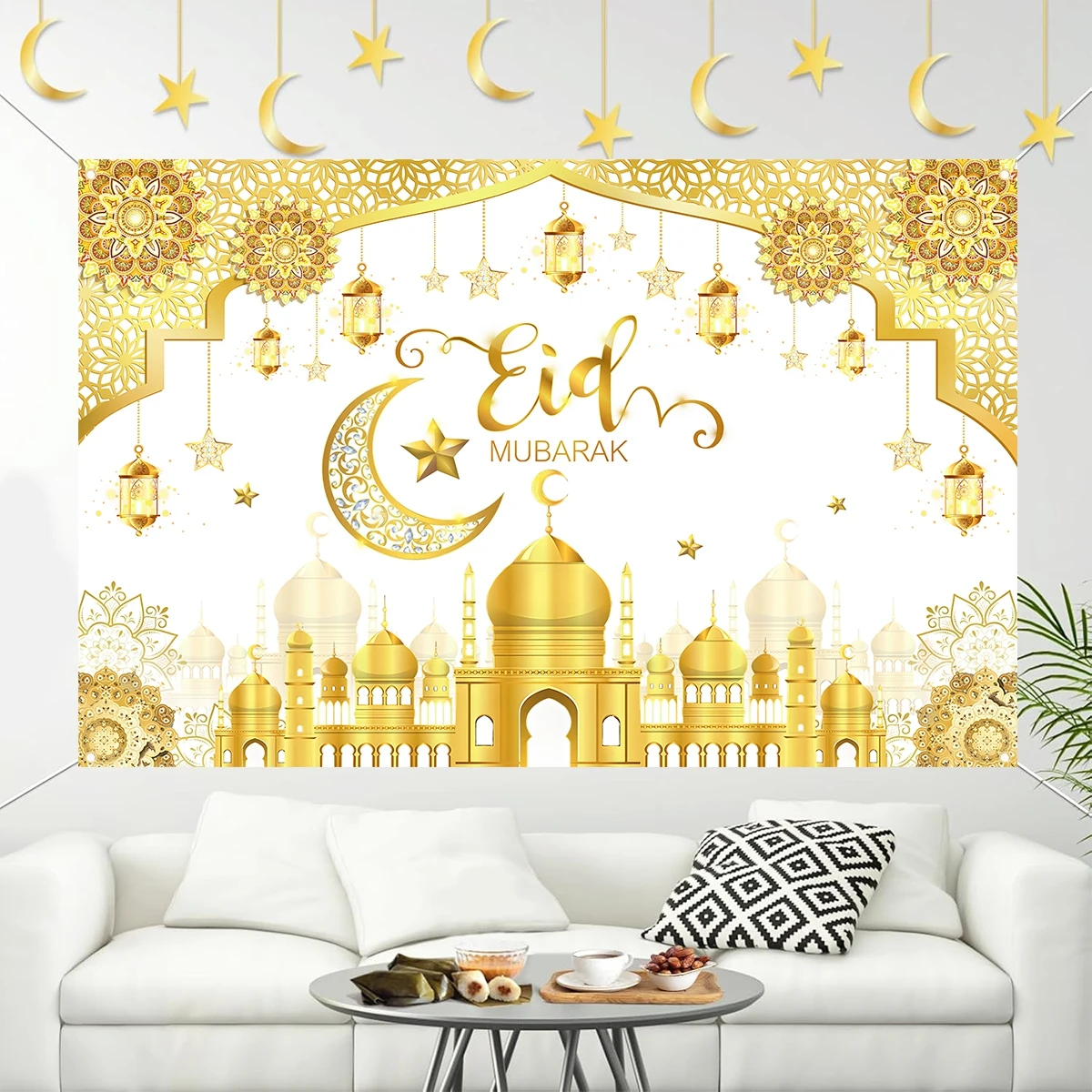 Eid Mubarak Backdrop Moon Star Castle Pattern Ramadan Decorations Banner for Home Islamic Muslim Party Supplies Eid Al-fitr Gift