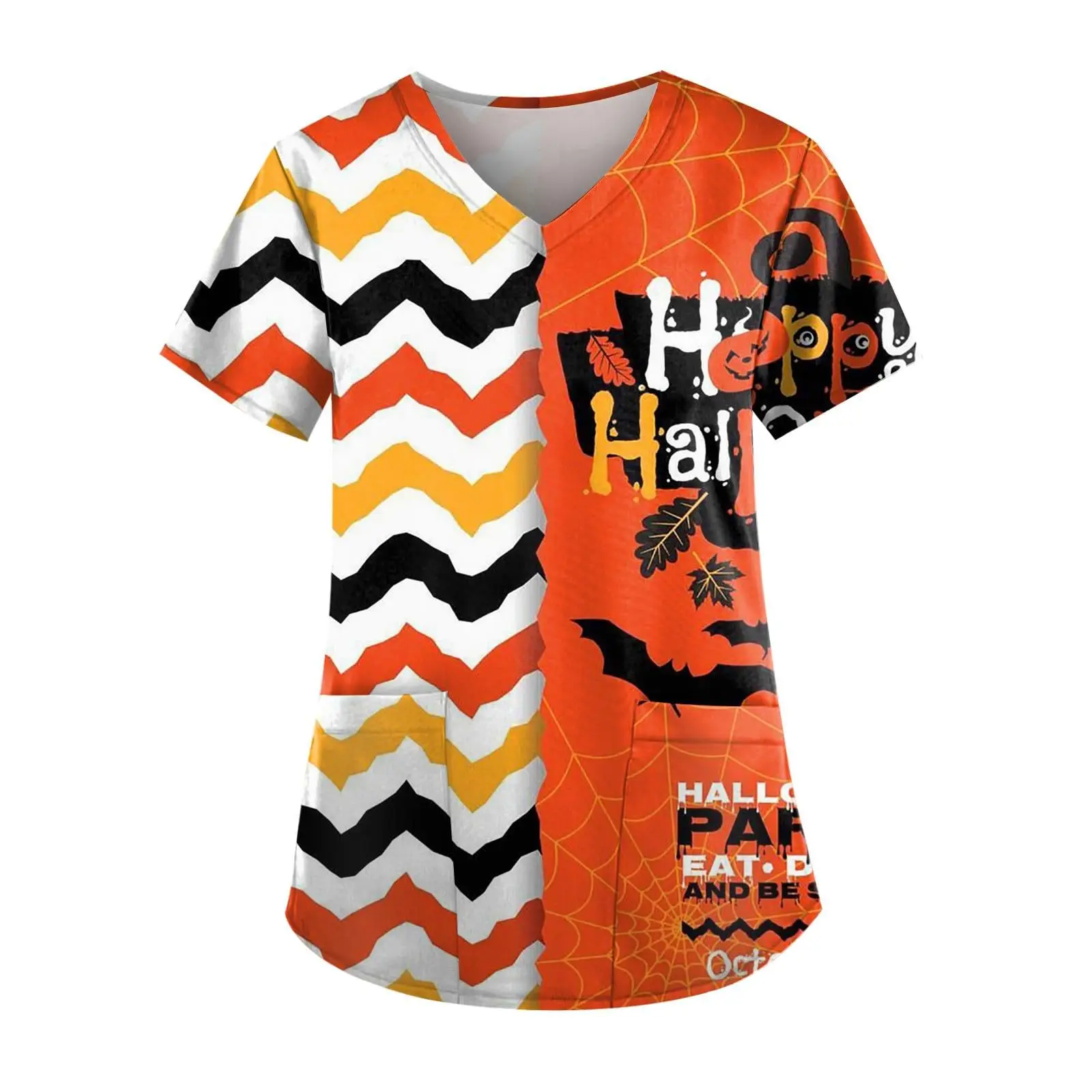 Halloween Christmas Scrubs Tops Plus Size Short Sleeve V-Ncek Pumpkin Bat Printed Summer Shirt Working Nurse Unifrom with Pocket