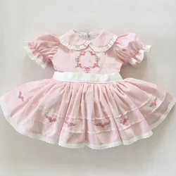 0-12Y Baby Girl Summer Pink Flower Embroidery Turkish Vintage Princess Pink Dress for Birthday Holiday Casual Eid Baptism B186