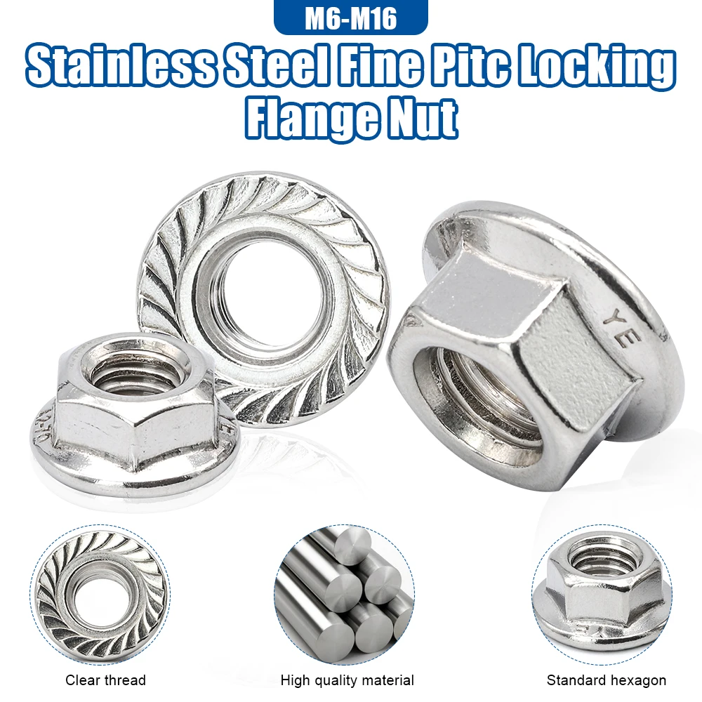 NINDEJIN 2-25pcs Fine Pitch Hexagonal Flange Nuts M6 M8 M10 M12 M14 M16 Stainless Steel Insert Locking Flange Nut DIN6923