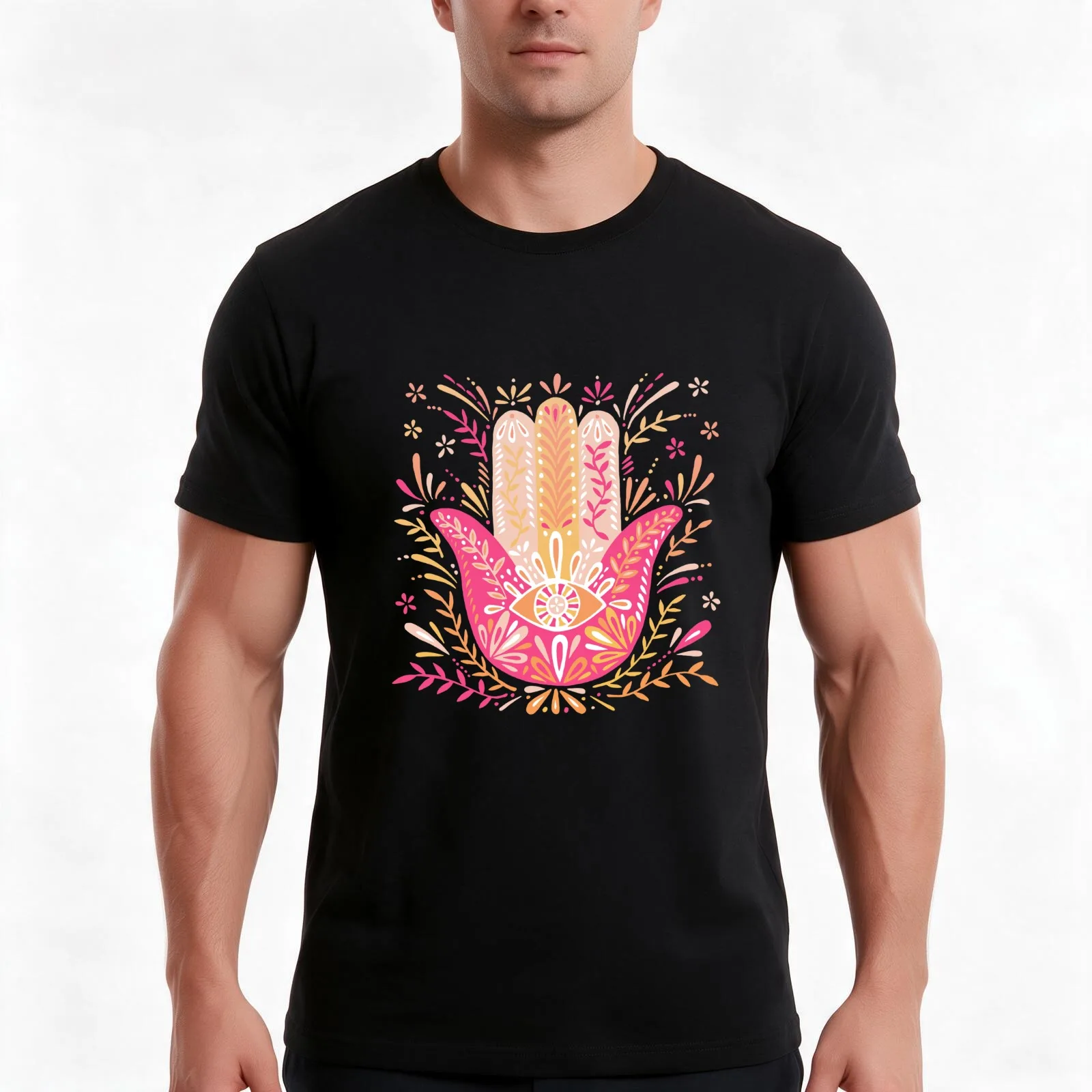 Hamsa Hand – Pink & Peach Palette T-Shirt, Summer Casual Cotton Tee, Oversized Streetwear Tops, Vintage Graphic Print