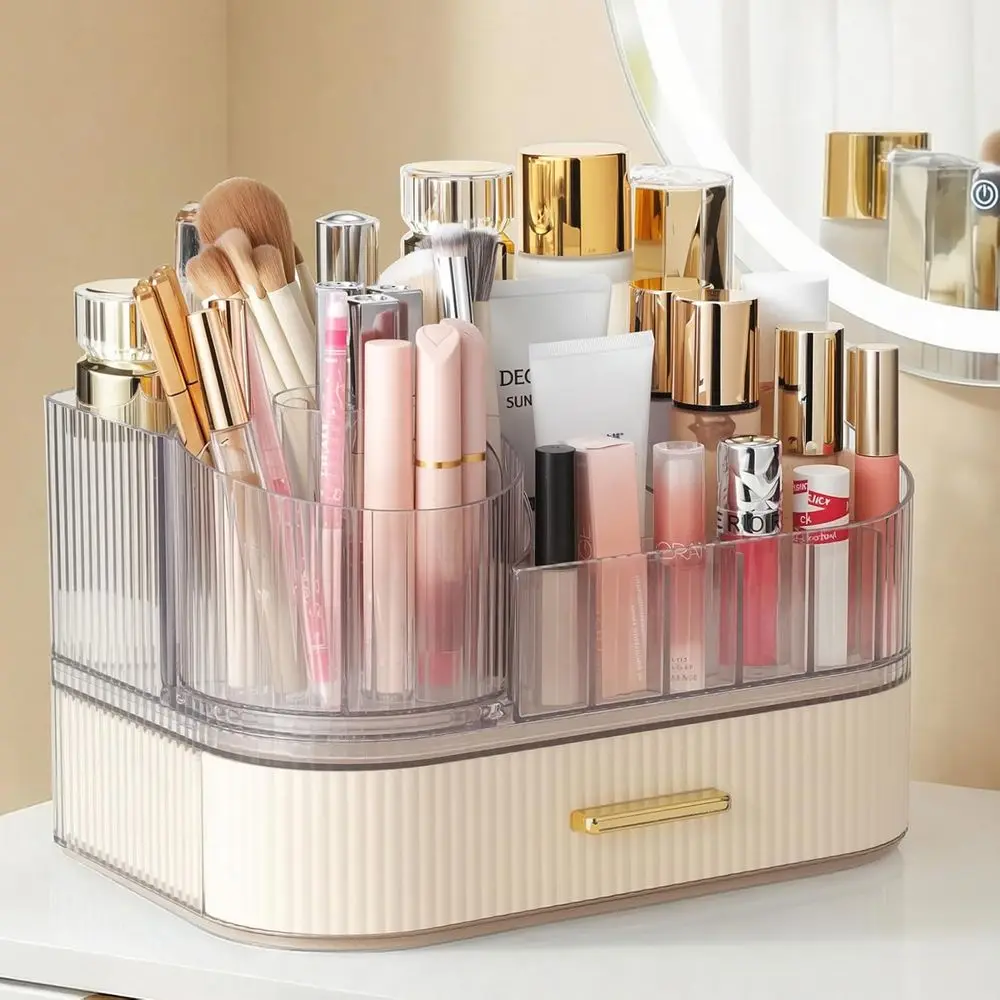 Makeup Organizer Vanity with Stackable 360 Rotating Makeup Brush Holder, Large Cosmetic Organizer with Tiered Storage for Skinca