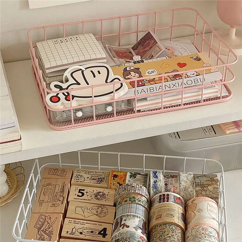 MINKYS INS Nordic Iron Desktop Storage Basket Office Cosmetics Storage Box Dormitory Storage Rack Desk Organizer