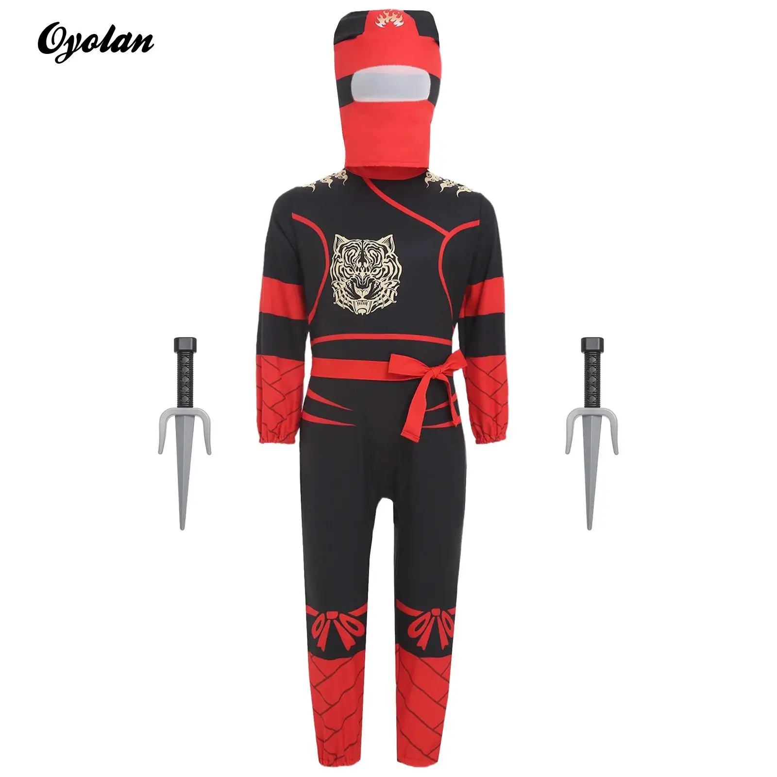 

Boys Girls Ninja Printed Cosplay Costumes Invisible Zipper Jumpsuit with Matched Headwear Waistbelt And Ninja Knife Toys