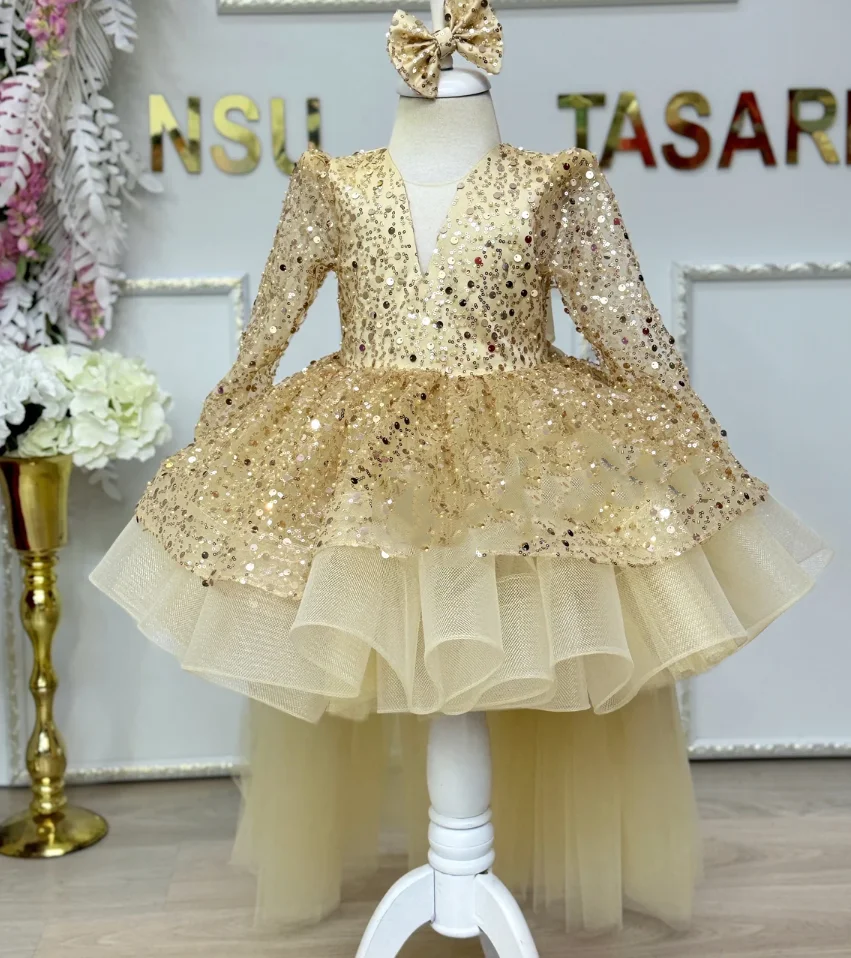 

New Gold Flower Girls Dresses V Neck with Bow Princess Birthday Prom Party Pageant Gowns Fluffy Dress with Detachable Train