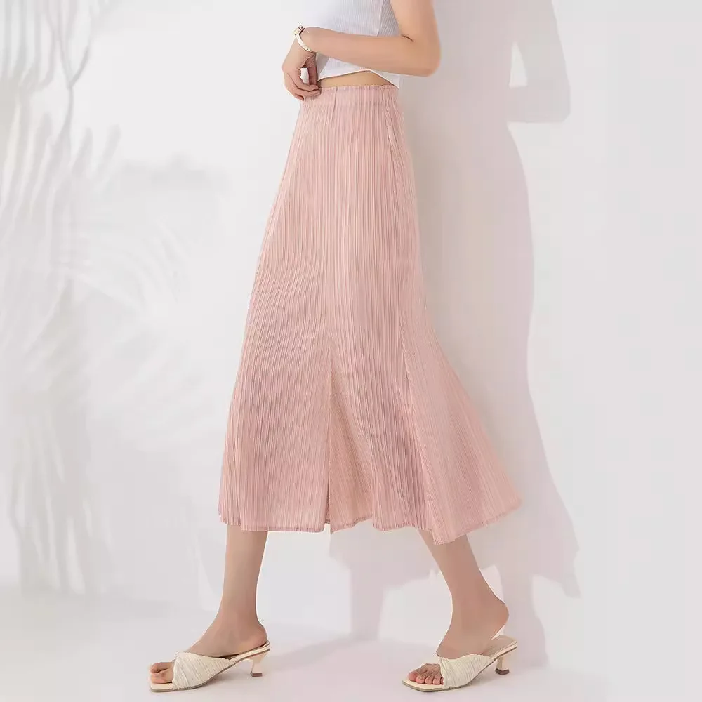 Pleats Pleats 2024 Summer New Skirt Female Solid Color Retro Temperament Fashion Hundred Elastic Waist Elastic Fishtail Skirt