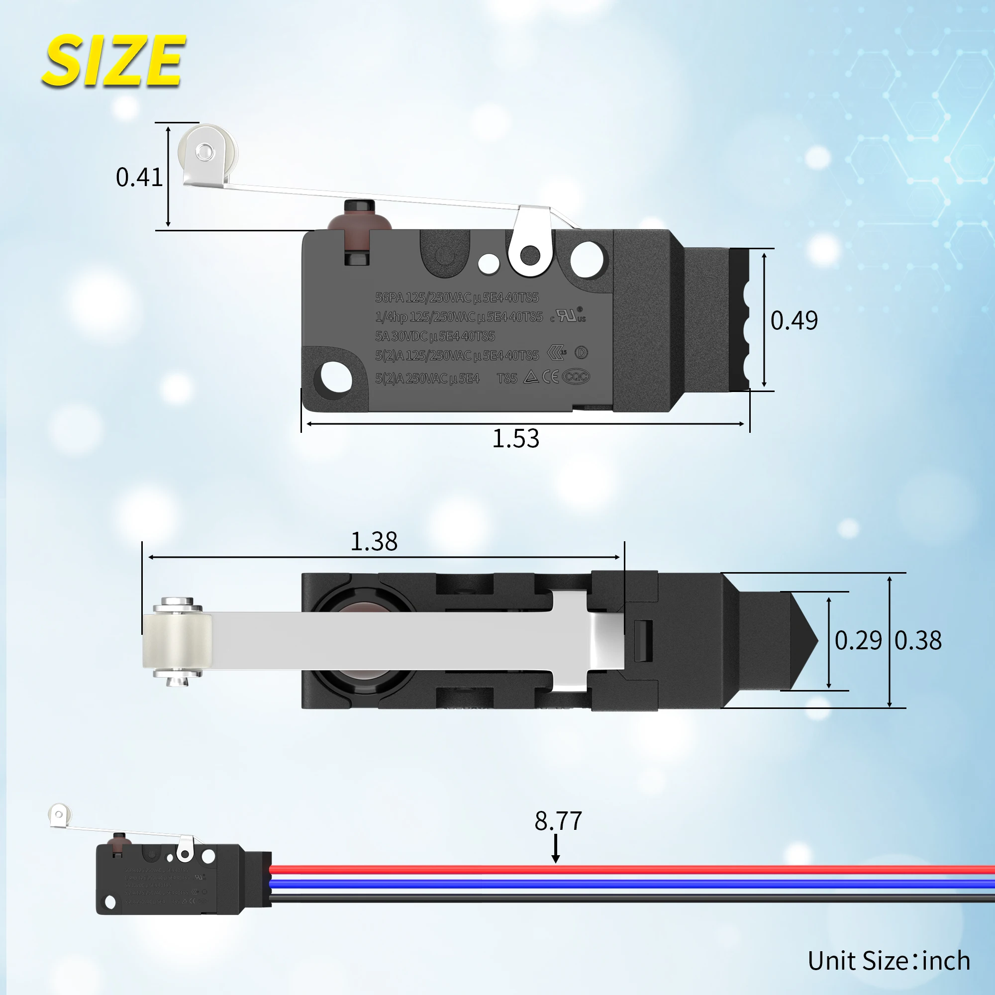 2PCS Waterproof Micro Limit Switch with Long Straight Roller Lever SPDT 3 PIN Pre-wired 10A 125 250V Micorswitch for Electronic