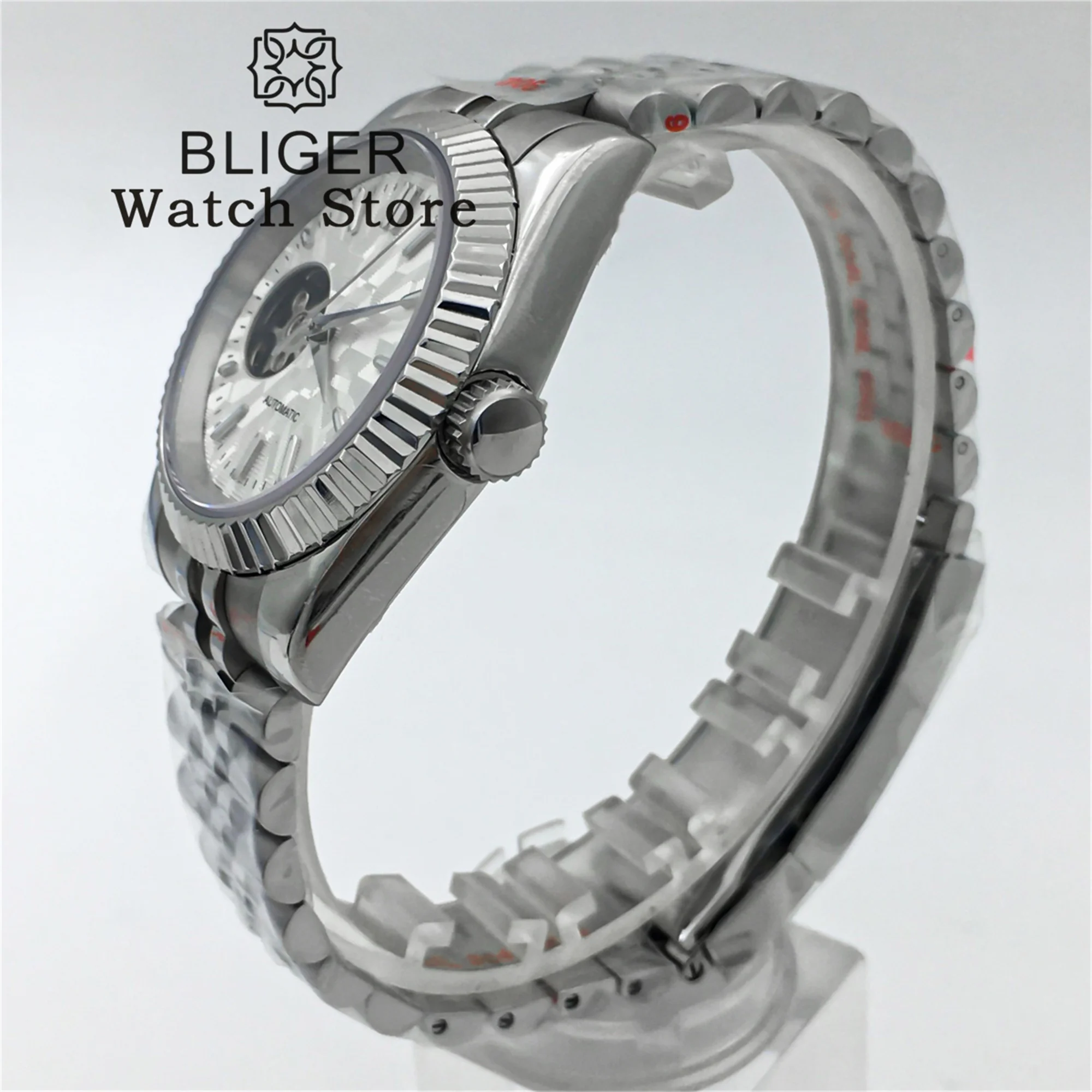 BLIGER 36mm 39mm Fluted Bezel NH38 Automatic Watch for Men Black White Green Blue Hollow Dial Luminous Index 904L Bracelet Clock