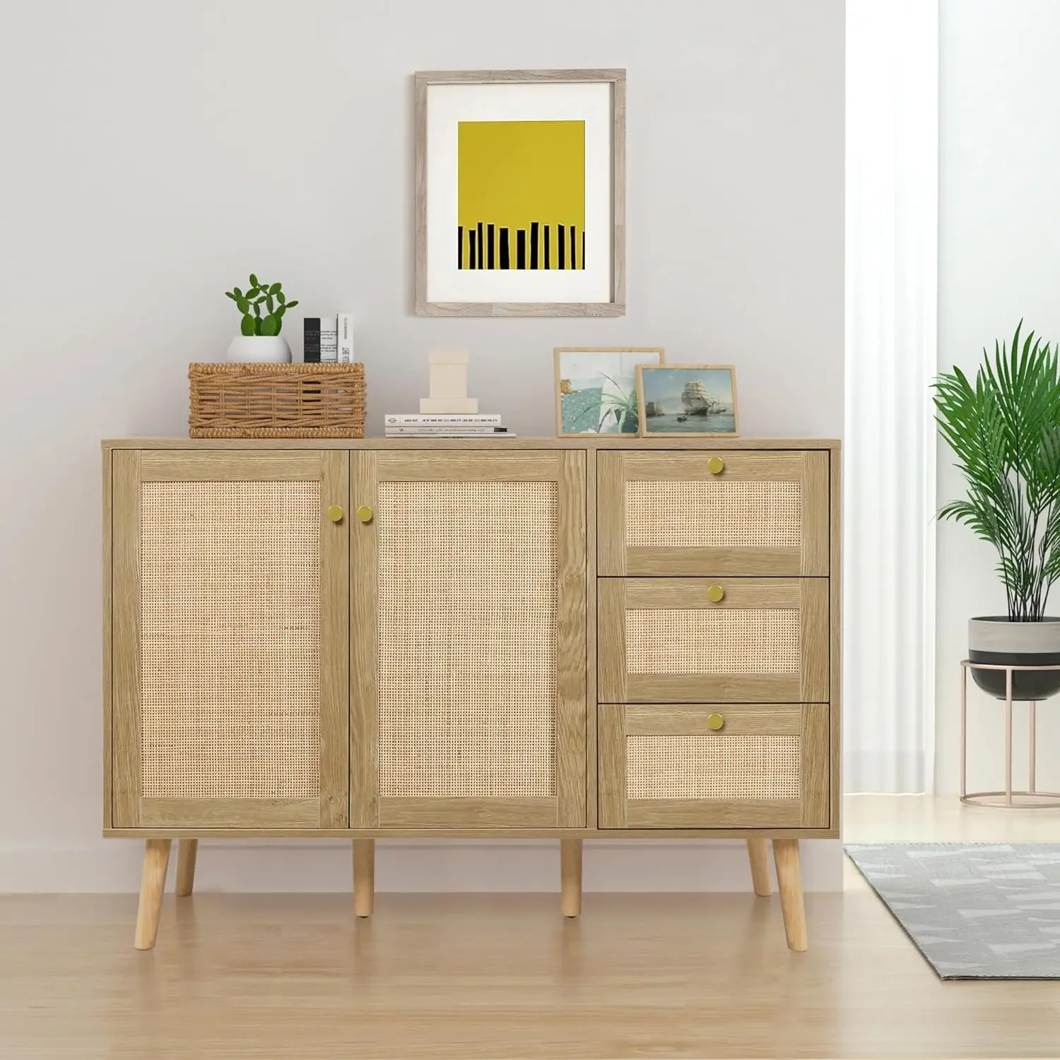 Rattan Sideboard Buffet Cabinet with 2 Doors and 3 Drawers, Buffet Cabinet with Storage Wood Credenza Storage Cabinet