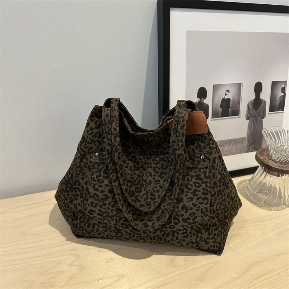Canvas Material Canvas Tote Bag Leopard Pattern Large Size Shoulder Handbag Shoulder Strap Big Capacity Handbag Shopping Use