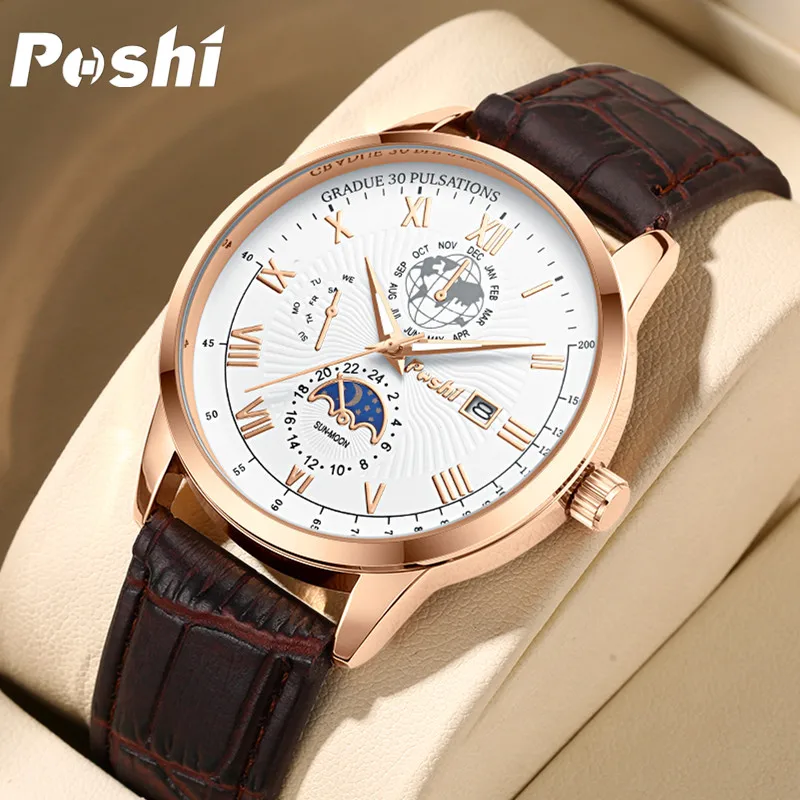 POSHI Top Brand Mens Watches Fashion Classic Quartz Wristwatch Luxury Calendar Week Display Man Watch Original Chronograph Clock