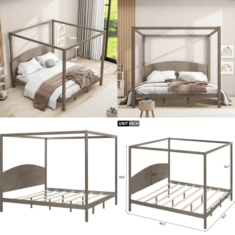 

Brown Solid Wood 4-Post Platform Bed, King Size with Support Legs, Suitable for Kids, Teens, and Adults, No Box Spring Needed